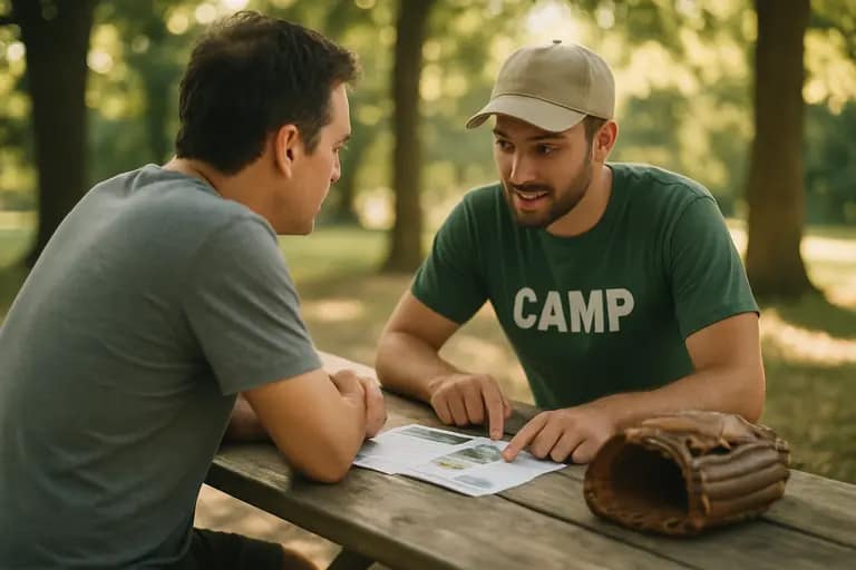 Parent and player reviewing a baseball schedule beside a gear bag