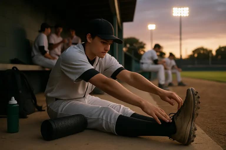 Youth baseball player resting with water and gear between games
