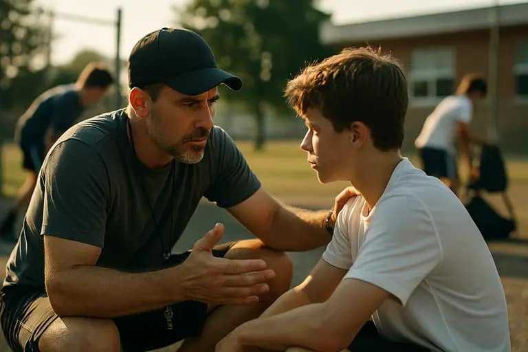 Coach speaking with a young baseball player after practice
