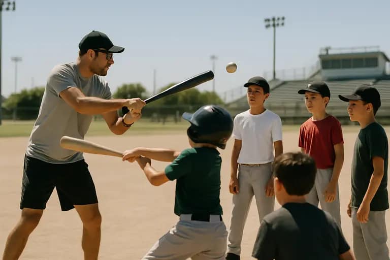 Young baseball player taking indoor batting practice with a coach nearby