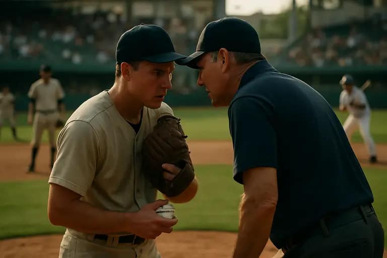 Youth pitcher meeting catcher and coach on the mound during a game