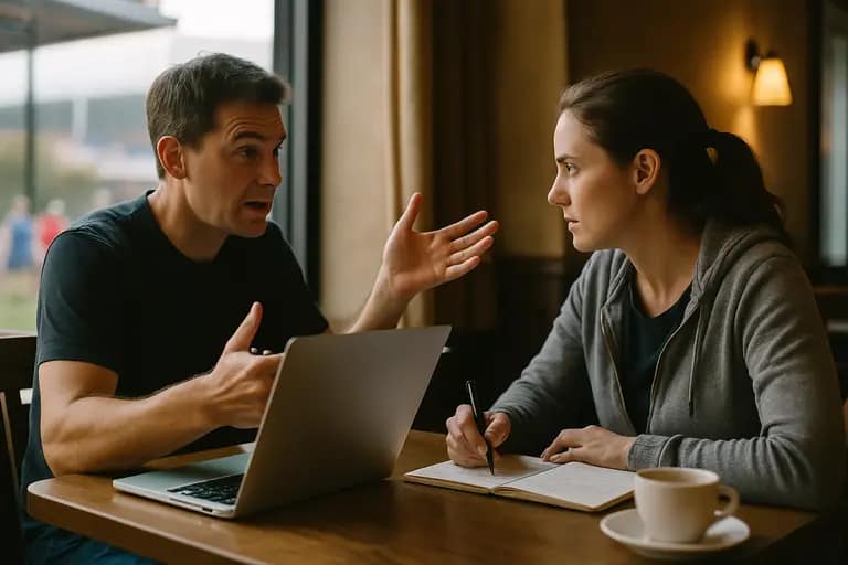 Player and parent reviewing notes on a clipboard after a tournament