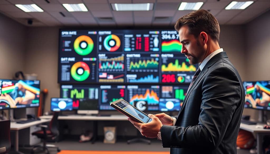 A modern baseball analytics lab featuring a central digital dashboard displaying vibrant metrics like spin rate, launch angle, attack angle, bat speed, and time-to-contact. In the foreground, a data analyst in professional business attire, focused on a high-tech tablet, analyzing graphs and real-time statistics. In the middle, a large monitor wall showcases dynamic visualizations of player performance data, with colorful graphs and charts illuminated softly. In the background, a sleek workspace with state-of-the-art computers and baseball equipment. The lighting is bright but soft, giving the scene a high-tech, professional atmosphere. Emphasize clarity and precision in the details, capturing the essence of advanced data metrics in baseball training.