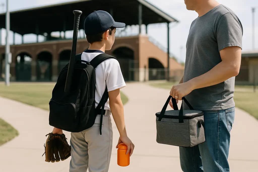 Parent packing snacks and water for a youth baseball tournament day