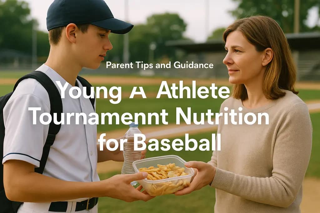 Youth baseball player eating a simple pregame meal near a tournament field