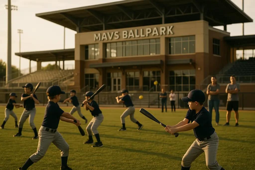 MAVS Ballpark Freedom Fest youth players warming up near the dugout