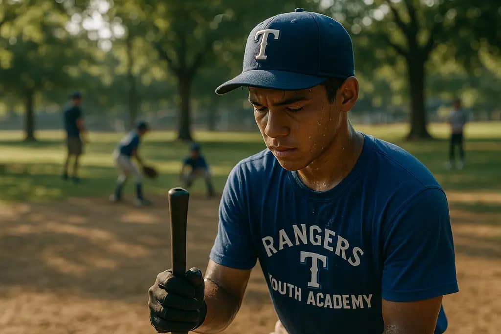 Rangers Youth Academy players gather near a dugout before a youth baseball game