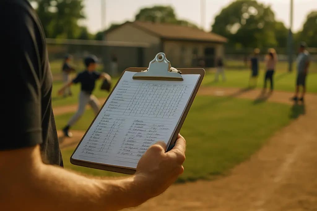 Rocker B Scouting view of youth baseball teams warming up at a Texas tournament field
