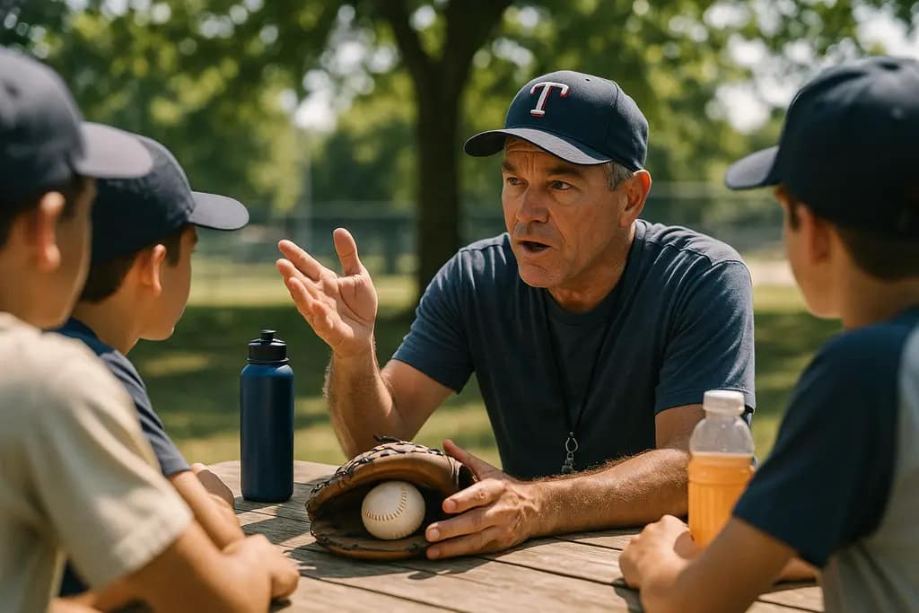 Texas Baseball Coaches talking with youth players before a tournament game