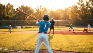A youth baseball field bathed in warm, golden afternoon light. In the foreground, a young player diligently practicing their batting form, their swing fluid and powerful. In the middle ground, a coach intently observing, offering guidance and encouragement. Beyond, other players hone their fielding skills, diving for ground balls and making precise throws to first base. The atmosphere is one of focused determination and camaraderie, capturing the essence of fundamental baseball skills development transitioning into more advanced techniques.