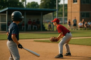 Youth baseball player taking batting practice with a coach nearby