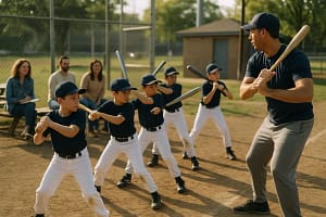 Five Tool Texas youth players warming up before a tournament game in Texas