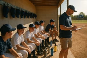 Family watches Texas Baseball Tournaments from shaded chairs near a youth field