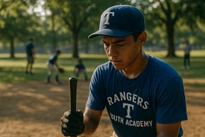 Rangers Youth Academy players gather near a dugout before a youth baseball game
