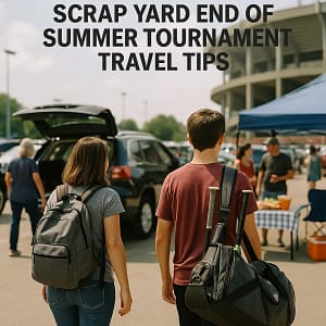 Youth baseball family packing gear near a vehicle before a Texas tournament trip