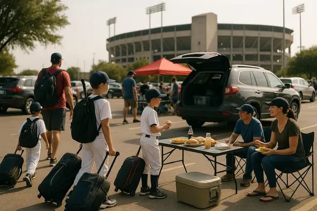 Family carrying baseball gear through a sunny sports complex walkway