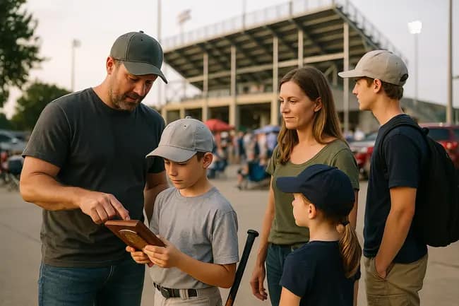 Family watching a high school baseball game from behind the fence