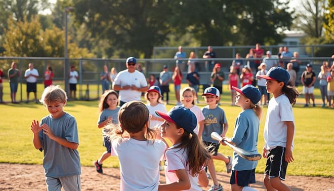 A vibrant and welcoming youth baseball field, bathed in warm afternoon sunlight. In the foreground, a diverse group of young players, their faces filled with joy and determination, engaging in a spirited game of catch. In the middle ground, coaches offering encouragement and guidance, demonstrating proper batting and fielding techniques. In the background, parents and spectators cheer enthusiastically, creating an atmosphere of camaraderie and community. The overall scene conveys a philosophy of inclusivity, skill development, and the pure love of the game, inspiring young athletes to grow both physically and emotionally. A vibrant and welcoming youth baseball field, bathed in warm afternoon sunlight. In the foreground, a diverse group of young players, their faces filled with joy and determination, engaging in a spirited game of catch. In the middle ground, coaches offering encouragement and guidance, demonstrating proper batting and fielding techniques. In the background, parents and spectators cheer enthusiastically, creating an atmosphere of camaraderie and community. The overall scene conveys a philosophy of inclusivity, skill development, and the pure love of the game, inspiring young athletes to grow both physically and emotionally.