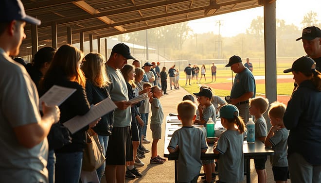 A well-lit, candid scene of a youth baseball registration event. In the foreground, a group of parents and kids stand in line at a registration table, filling out forms and chatting excitedly. The middle ground shows a backdrop of baseball fields, with coaches and volunteers guiding new players. Soft, golden afternoon light filters through, creating a warm, welcoming atmosphere. The angle is slightly elevated, capturing the overall hustle and energy of the registration process. Crisp, documentary-style framing highlights the anticipation and sense of community surrounding this rite of passage for young athletes. A well-lit, candid scene of a youth baseball registration event. In the foreground, a group of parents and kids stand in line at a registration table, filling out forms and chatting excitedly. The middle ground shows a backdrop of baseball fields, with coaches and volunteers guiding new players. Soft, golden afternoon light filters through, creating a warm, welcoming atmosphere. The angle is slightly elevated, capturing the overall hustle and energy of the registration process. Crisp, documentary-style framing highlights the anticipation and sense of community surrounding this rite of passage for young athletes.