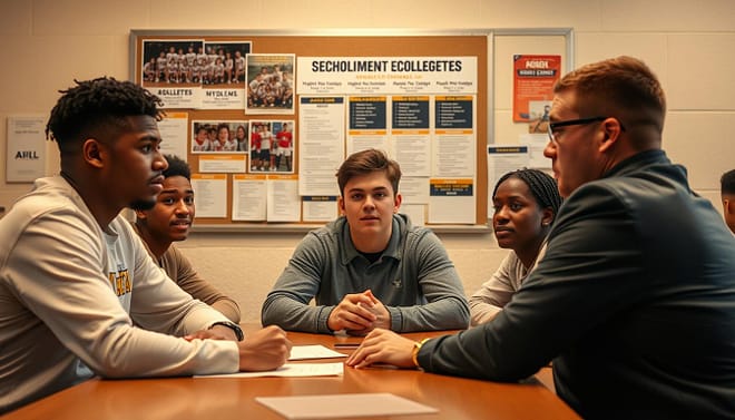 College athletes and coaches engaged in the recruitment process, sitting at a table discussing scholarship opportunities and program details. Warm, diffused lighting illuminates the scene, creating a sense of professionalism and collaboration. In the background, a bulletin board displays team photos, accolades, and recruitment materials, reflecting the competitive nature of the selection process. The athletes' expressions convey a mix of anticipation and apprehension, as they navigate this pivotal moment in their athletic and academic careers.