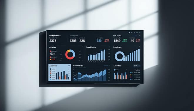a striking overhead shot of a college athletics performance metrics dashboard, with a sleek, modern design and a focus on key data visualizations. The dashboard is displayed on a large, high-resolution screen against a minimalist, monochromatic backdrop, creating a sense of clarity and focus. The metrics are presented in a clean, easy-to-understand format, highlighting key performance indicators such as team records, individual athlete statistics, recruitment data, and academic achievements. The lighting is crisp and directional, casting subtle shadows that add depth and dimensionality to the scene. The overall atmosphere is one of professionalism, efficiency, and a commitment to data-driven decision-making in the realm of college sports.