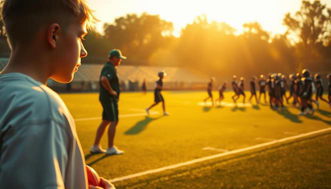 A baseball field bathed in warm, golden sunlight. In the foreground, a young player, eyes filled with determination, carefully stretches and hydrates, preparing for the game. In the middle ground, a coach demonstrates proper tackling technique, emphasizing head safety. In the background, a team of players engaged in drills, their movements precise and coordinated. The scene conveys a sense of camaraderie, discipline, and a deep commitment to player wellbeing. Cinematic lighting, shallow depth of field, and a pristine, well-maintained field create a visually striking and inspirational image. A baseball field bathed in warm, golden sunlight. In the foreground, a young player, eyes filled with determination, carefully stretches and hydrates, preparing for the game. In the middle ground, a coach demonstrates proper tackling technique, emphasizing head safety. In the background, a team of players engaged in drills, their movements precise and coordinated. The scene conveys a sense of camaraderie, discipline, and a deep commitment to player wellbeing. Cinematic lighting, shallow depth of field, and a pristine, well-maintained field create a visually striking and inspirational image.