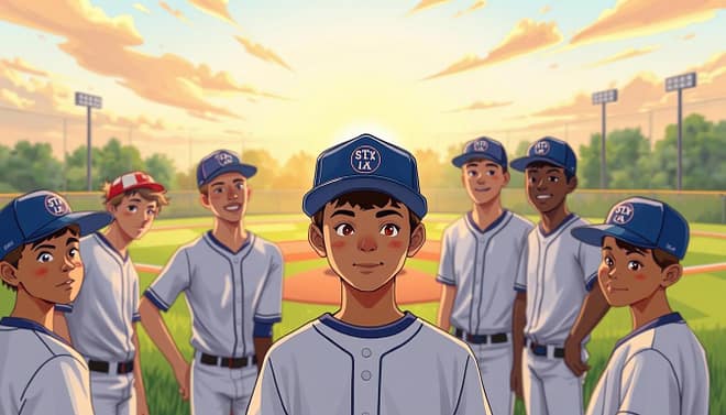 A dynamic illustration of the core values of "Stix Baseball Club," set in a vibrant baseball field. In the foreground, a group of diverse young players, dressed in professional-looking jerseys and caps, engage in a huddle, representing teamwork, respect, and integrity. Their faces radiate focus and determination, captured through a shallow depth of field that brings them into sharp relief. The middle ground features a well-maintained baseball diamond with lush green grass and a pitcher's mound, symbolizing growth and dedication. In the background, a soft sunset casts warm golden hues across the sky, creating a welcoming and inspirational atmosphere. The scene is illuminated by natural light that highlights the players' expressions, emphasizing their commitment to excellence and sportsmanship.