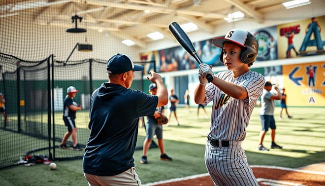 A dynamic indoor baseball training facility bustling with activity, showcasing young athletes engaged in skill progression. In the foreground, a focused young player, wearing a modest baseball uniform, practices their batting swing with an instructor guiding them, demonstrating proper form. In the middle ground, another group of kids is seen practicing fielding techniques, with gloves and baseballs scattered around them. The background features high nets and training equipment, with vibrant sports posters on the walls. The lighting is bright and energetic, reminiscent of a sunny day, casting soft shadows to create depth. The overall atmosphere is motivational and energetic, capturing the spirit of teamwork and personal improvement in sports. A dynamic indoor baseball training facility bustling with activity, showcasing young athletes engaged in skill progression. In the foreground, a focused young player, wearing a modest baseball uniform, practices their batting swing with an instructor guiding them, demonstrating proper form. In the middle ground, another group of kids is seen practicing fielding techniques, with gloves and baseballs scattered around them. The background features high nets and training equipment, with vibrant sports posters on the walls. The lighting is bright and energetic, reminiscent of a sunny day, casting soft shadows to create depth. The overall atmosphere is motivational and energetic, capturing the spirit of teamwork and personal improvement in sports.