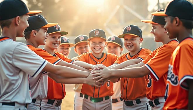 A group of young baseball players engaged in a team-building exercise, standing in a circle with arms linked, their expressions radiating camaraderie and support. The sun casts a warm, golden glow across the scene, creating a sense of unity and togetherness. The players' uniforms are vibrant, reflecting their team spirit, as they lean in towards each other, demonstrating the importance of trust and respect within a successful sports team. The background is blurred, keeping the focus on the players' interactions and the positive energy they share.