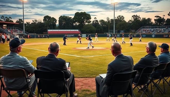 A lively baseball field at dusk, with a professional and earnest atmosphere. In the foreground, a group of college scouts, dressed in business attire, closely examine young baseball players in action, showcasing their skills. The scouts are seated on folding chairs, with notepads and clipboards, attentively watching the game. The middle ground features several high school athletes in uniforms, demonstrating a variety of skills: a pitcher on the mound, a batter at the plate, and fielders ready for play. The background showcases the spectators, including parents and friends, creating a supportive environment. Soft golden hour lighting bathes the scene, casting long shadows and adding warmth to the image. The overall mood is one of ambition, dedication, and the pursuit of success, reflecting the essence of talent scouting in youth baseball.