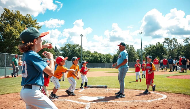A lively youth baseball scene captures the essence of engagement and teamwork. In the foreground, a diverse group of enthusiastic children, ages 8-12, are playing in a well-maintained baseball field, donned in colorful team jerseys and caps, showcasing their joyful expressions as they practice pitching and batting. The middle ground features a dedicated coach providing encouragement, gesturing toward the players with a smile, promoting a positive atmosphere. The background displays a vibrant blue sky with fluffy white clouds, and spectators, including parents and friends, cheering from the sidelines, fostering a sense of community. Soft afternoon sunlight casts warm, inviting tones across the scene, highlighting the focus and excitement of the young athletes. The image conveys a mood of fun, growth, and commitment to personal development in youth baseball. A lively youth baseball scene captures the essence of engagement and teamwork. In the foreground, a diverse group of enthusiastic children, ages 8-12, are playing in a well-maintained baseball field, donned in colorful team jerseys and caps, showcasing their joyful expressions as they practice pitching and batting. The middle ground features a dedicated coach providing encouragement, gesturing toward the players with a smile, promoting a positive atmosphere. The background displays a vibrant blue sky with fluffy white clouds, and spectators, including parents and friends, cheering from the sidelines, fostering a sense of community. Soft afternoon sunlight casts warm, inviting tones across the scene, highlighting the focus and excitement of the young athletes. The image conveys a mood of fun, growth, and commitment to personal development in youth baseball.