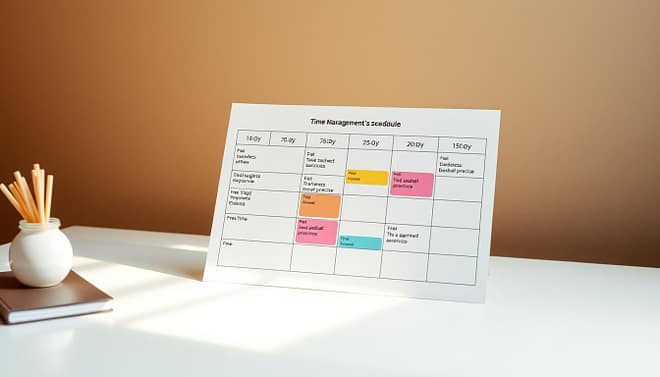 A neatly organized time management schedule, with distinct sections for school subjects, baseball practice, and free time. The schedule is displayed on a clean, minimalist desk, illuminated by warm, natural light filtering through a nearby window. The background is a soft, muted gradient, allowing the schedule to take center stage. The layout is clear and easy to read, with color-coded blocks and concise labeling. The overall atmosphere conveys a sense of focus, productivity, and balance - a visual representation of the "Scheduling Tips" section of the article.