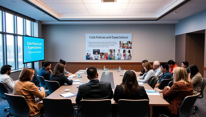 A professional meeting room set up for a club orientation, featuring neatly arranged chairs around a large conference table, with a digital projector displaying the title "Club Policies and Expectations." In the foreground, a diverse group of parents, dressed in business casual attire, engage attentively while taking notes. The middle section includes informational brochures and a club banner with subdued colors that includes visuals of teamwork and children participating in activities. The background shows large windows with soft natural light filtering in, creating a welcoming atmosphere. The overall mood is supportive and educational, emphasizing unity and understanding within the club environment. The image should be captured from a slightly elevated angle to show the entire room setup effectively.
