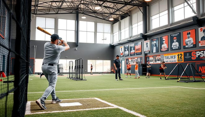 A spacious indoor baseball training facility with high ceilings and turf flooring. In the foreground, a batting cage is visible with a player swinging a bat, dressed in modest athletic wear, demonstrating proper form. In the middle ground, various training equipment, including pitching machines and agility ladders, are organized neatly. A coach is observing and giving feedback to a small group of young athletes practicing fielding drills. The background showcases large windows letting in natural light and a wall covered with motivational baseball posters. The atmosphere is energetic and focused, emphasizing dedication and hard work in training. The lighting is bright and even, creating a lively and inspiring environment, shot from a slightly elevated angle to capture the full scale of the facility. A spacious indoor baseball training facility with high ceilings and turf flooring. In the foreground, a batting cage is visible with a player swinging a bat, dressed in modest athletic wear, demonstrating proper form. In the middle ground, various training equipment, including pitching machines and agility ladders, are organized neatly. A coach is observing and giving feedback to a small group of young athletes practicing fielding drills. The background showcases large windows letting in natural light and a wall covered with motivational baseball posters. The atmosphere is energetic and focused, emphasizing dedication and hard work in training. The lighting is bright and even, creating a lively and inspiring environment, shot from a slightly elevated angle to capture the full scale of the facility.