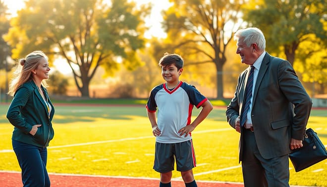 A vibrant and engaging illustration of a supportive coaching communication triangle, featuring three distinct but harmonious sections representing a parent, a player, and a coach. In the foreground, depict a parent and a coach standing side by side in professional business attire, both smiling and engaging positively with a young athlete wearing a modest sports uniform in the middle. In the middle ground, show them in a collaborative discussion, with body language expressing encouragement and support. The background should feature a lively sports field under warm, golden sunlight, with soft shadows casting from trees. The atmosphere should be warm, optimistic, and focused on teamwork and communication, with a slight depth of field effect to enhance the main characters. A vibrant and engaging illustration of a supportive coaching communication triangle, featuring three distinct but harmonious sections representing a parent, a player, and a coach. In the foreground, depict a parent and a coach standing side by side in professional business attire, both smiling and engaging positively with a young athlete wearing a modest sports uniform in the middle. In the middle ground, show them in a collaborative discussion, with body language expressing encouragement and support. The background should feature a lively sports field under warm, golden sunlight, with soft shadows casting from trees. The atmosphere should be warm, optimistic, and focused on teamwork and communication, with a slight depth of field effect to enhance the main characters.
