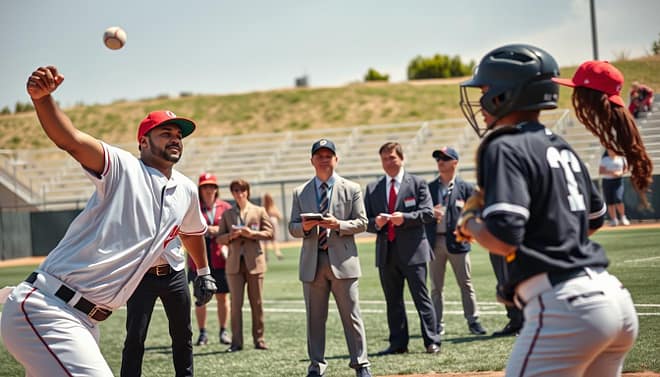 A vibrant college baseball recruiting scene showcasing a group of diverse young athletes in professional sports attire, actively engaging with college scouts at a baseball field. In the foreground, a well-built pitcher throws a baseball, displaying impressive technique, while a catcher is poised, ready to receive. In the middle ground, several scouts in smart business casual attire take notes, observing the players with focus and interest. The background features a well-maintained baseball diamond under bright afternoon sunlight, with cheering parents and teammates gathered along the sidelines. The mood is energetic and hopeful, capturing the spirit of opportunity. The composition should be shot from a low angle to emphasize the action, with a shallow depth of field to blur the background slightly, accentuating the players and scouts.