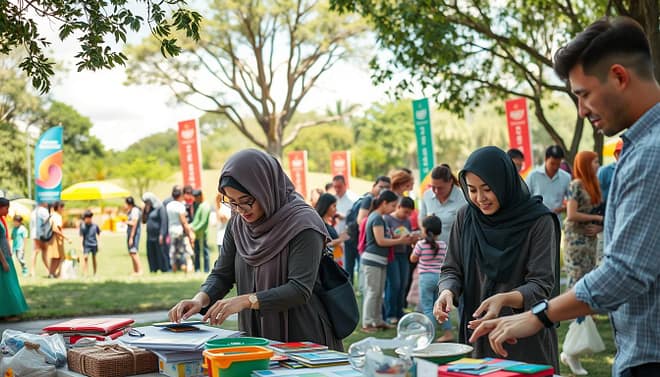 A vibrant community gathering showcasing parents engaging in volunteer activities, with a diverse group of individuals, including mothers and fathers dressed in modest casual clothing, actively participating in various supportive roles. In the foreground, two parents are organizing supplies at a table filled with educational materials and crafts. The middle ground features several small groups of parents collaborating, helping children with activities in a park setting, surrounded by greenery and colorful banners promoting community engagement. The background reveals a sunny day with fluffy clouds, casting gentle light over the scene, enhancing a warm, inviting atmosphere. The image should evoke a sense of togetherness and support, capturing the essence of parental involvement in volunteer opportunities. The composition should be lively yet focused, with a depth of field that softly blurs the background while keeping the parents in sharp detail.
