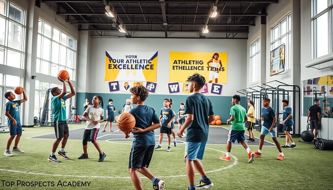 A vibrant indoor training facility set within Top Prospects Academy, showcasing young athletes of diverse backgrounds engaged in various training activities. In the foreground, a group of boys and girls, clad in professional athletic gear, are practicing dribbling and shooting basketballs. The middle ground features a state-of-the-art turf area where others are participating in agility drills and strength training, with bright, motivational banners depicting athletic excellence hanging on the walls. The background includes modern fitness equipment and large windows allowing natural light to flood the space, creating an uplifting atmosphere. The scene conveys excitement and determination, captured from a dynamic angle that heightens the sense of action, with soft, warm lighting enhancing the overall ambiance of growth and potential. A vibrant indoor training facility set within Top Prospects Academy, showcasing young athletes of diverse backgrounds engaged in various training activities. In the foreground, a group of boys and girls, clad in professional athletic gear, are practicing dribbling and shooting basketballs. The middle ground features a state-of-the-art turf area where others are participating in agility drills and strength training, with bright, motivational banners depicting athletic excellence hanging on the walls. The background includes modern fitness equipment and large windows allowing natural light to flood the space, creating an uplifting atmosphere. The scene conveys excitement and determination, captured from a dynamic angle that heightens the sense of action, with soft, warm lighting enhancing the overall ambiance of growth and potential.