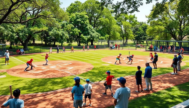 A vibrant outdoor sports complex, with neatly manicured baseball fields and training areas. In the foreground, two youth teams practice their batting, pitching, and fielding skills under the watchful eyes of dedicated coaches. Colorful uniforms and the sound of gloves snapping fill the air. In the middle ground, parents and spectators observe from the sidelines, engaged in animated discussions. The background features a lush, verdant landscape, with towering trees providing dappled sunlight. The scene is captured with a wide-angle lens, conveying a sense of energy, camaraderie, and the development of athletic potential in a nurturing environment. A vibrant outdoor sports complex, with neatly manicured baseball fields and training areas. In the foreground, two youth teams practice their batting, pitching, and fielding skills under the watchful eyes of dedicated coaches. Colorful uniforms and the sound of gloves snapping fill the air. In the middle ground, parents and spectators observe from the sidelines, engaged in animated discussions. The background features a lush, verdant landscape, with towering trees providing dappled sunlight. The scene is captured with a wide-angle lens, conveying a sense of energy, camaraderie, and the development of athletic potential in a nurturing environment.