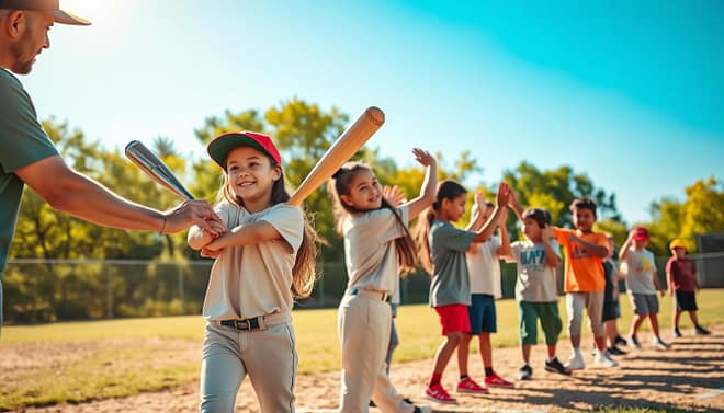 A vibrant youth baseball scene illustrating a supportive environment, with kids of diverse backgrounds aged 8-12 playing together on a sunlit field. In the foreground, a coach in modest casual clothing encourages a young girl, who smiles confidently as she practices her swing. In the middle ground, another group of children share high-fives, celebrating each other's success, showcasing camaraderie and teamwork. The background features lush green trees and a bright blue sky, creating an uplifting atmosphere. The lighting is warm and inviting, with the sun shining down, casting soft shadows on the field. The focus is slightly angled to capture the joy and engagement in the moment, evoking a sense of positivity and unity in youth sports. A vibrant youth baseball scene illustrating a supportive environment, with kids of diverse backgrounds aged 8-12 playing together on a sunlit field. In the foreground, a coach in modest casual clothing encourages a young girl, who smiles confidently as she practices her swing. In the middle ground, another group of children share high-fives, celebrating each other's success, showcasing camaraderie and teamwork. The background features lush green trees and a bright blue sky, creating an uplifting atmosphere. The lighting is warm and inviting, with the sun shining down, casting soft shadows on the field. The focus is slightly angled to capture the joy and engagement in the moment, evoking a sense of positivity and unity in youth sports.