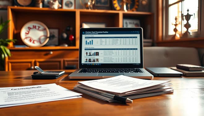 A warm, inviting scene of parent and player testimonials analysis displayed on a wooden desk. In the foreground, neatly stacked papers and a pen rest atop the desk, casting soft shadows. The middle ground features a laptop, its screen displaying comparative data charts and player profiles. Behind the desk, a cozy bookshelf filled with baseball memorabilia and trophies sets the scene. Warm, natural lighting filters through a window, creating a welcoming atmosphere. The overall mood is one of thoughtful evaluation, with the analysis of testimonials taking center stage.