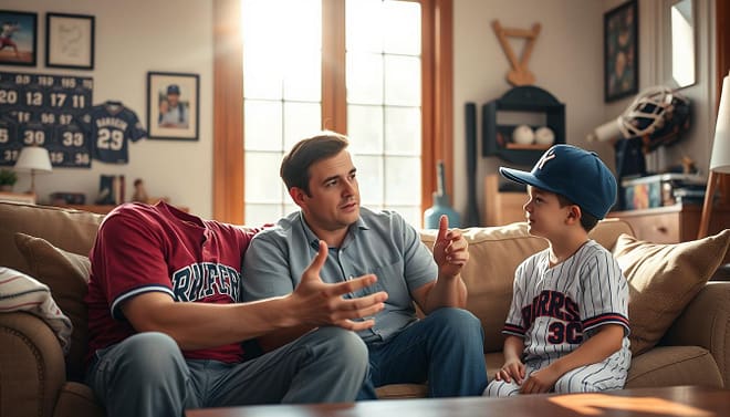 A warm, well-lit living room, the afternoon sun filtering through large windows. At the center, a parent sitting on the sofa, leaning forward intently, hands gesturing as they engage with their child, a youth baseball player, who listens raptly. The parent's expression is one of earnest encouragement, their body language conveying the importance of the conversation. In the background, team photos, sports equipment, and other mementos create a sense of the family's shared passion for the sport. The mood is one of genuine connection and the reinforcement of team values within the intimacy of the home environment.