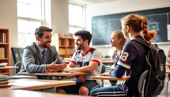A well-lit classroom setting, with a teacher and two student athletes engaged in a thoughtful discussion. The teacher, dressed in professional attire, sits at their desk, leaning forward with a warm, encouraging expression, hands gesturing as they explain a concept. The two student athletes, one male and one female, sit across from the teacher, their sports jerseys and backpacks indicating their dual roles. Their faces display a mixture of focused attention and earnest conversation, as they seek to understand the academic material. Soft, natural lighting filters in through large windows, creating a serene and collaborative atmosphere. The background features bookshelves, a chalkboard, and other academic accoutrements, reinforcing the educational setting.