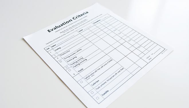A well-lit, high-resolution photograph of a coach's evaluation criteria for a baseball tryout, taken from a slightly elevated angle with a wide-angle lens to capture the entire sheet of paper. The paper is placed on a clean, neutral-colored surface, with a soft, even light illuminating the scene. The focus is sharp, and the image has a professional, documentary-style aesthetic. The evaluation criteria are clearly legible, with categories such as "Batting Stance", "Throwing Accuracy", "Fielding Technique", and "Hustle" prominently displayed, reflecting the key skills and attributes coaches look for in prospective players. A well-lit, high-resolution photograph of a coach's evaluation criteria for a baseball tryout, taken from a slightly elevated angle with a wide-angle lens to capture the entire sheet of paper. The paper is placed on a clean, neutral-colored surface, with a soft, even light illuminating the scene. The focus is sharp, and the image has a professional, documentary-style aesthetic. The evaluation criteria are clearly legible, with categories such as "Batting Stance", "Throwing Accuracy", "Fielding Technique", and "Hustle" prominently displayed, reflecting the key skills and attributes coaches look for in prospective players.