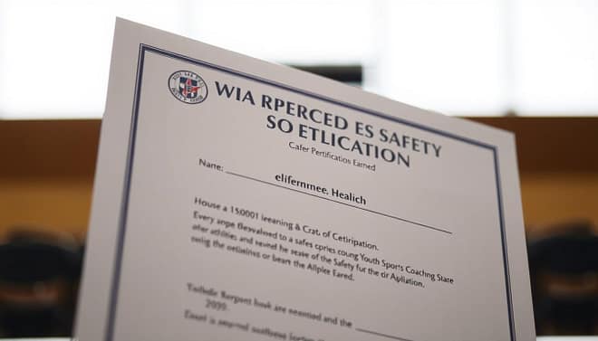 A well-lit, high-resolution photograph of a youth sports safety coaching certification document. The document is presented in the foreground, with a clean, professional background. The certification is prominently displayed, showcasing the organization's logo, the coach's name, and the specific training or qualification earned. The lighting is soft and even, accentuating the details and textures of the document. The perspective is slightly elevated, creating a sense of authority and credibility. The overall mood is one of professionalism, competence, and a dedication to ensuring the safety and well-being of young athletes. A well-lit, high-resolution photograph of a youth sports safety coaching certification document. The document is presented in the foreground, with a clean, professional background. The certification is prominently displayed, showcasing the organization's logo, the coach's name, and the specific training or qualification earned. The lighting is soft and even, accentuating the details and textures of the document. The perspective is slightly elevated, creating a sense of authority and credibility. The overall mood is one of professionalism, competence, and a dedication to ensuring the safety and well-being of young athletes.