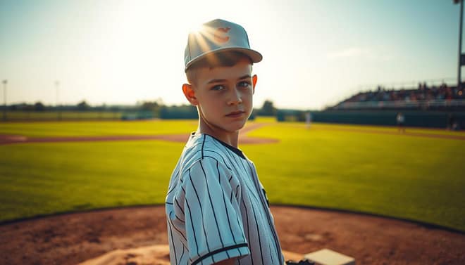 A young baseball player stands confidently on the pitcher's mound, their gaze focused and determined. The sun casts a warm glow, illuminating their face and highlighting their intense expression. In the background, the outfield stretches out, with lush green grass and the distant silhouettes of cheering fans. The player's form is perfect, their body poised and ready to deliver the next pitch. The atmosphere is one of anticipation and mental preparation, as the player mentally rehearses their strategy and visualizes success. A crisp, cinematic lens captures the scene, emphasizing the player's resolute determination and the high-stakes nature of the moment. A young baseball player stands confidently on the pitcher's mound, their gaze focused and determined. The sun casts a warm glow, illuminating their face and highlighting their intense expression. In the background, the outfield stretches out, with lush green grass and the distant silhouettes of cheering fans. The player's form is perfect, their body poised and ready to deliver the next pitch. The atmosphere is one of anticipation and mental preparation, as the player mentally rehearses their strategy and visualizes success. A crisp, cinematic lens captures the scene, emphasizing the player's resolute determination and the high-stakes nature of the moment.