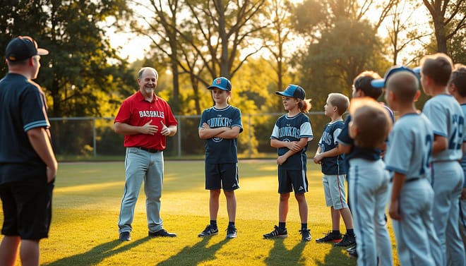 A youth baseball coach standing on a neatly manicured field, engaged in a dynamic discussion with a group of young players. The coach's facial expression is warm and encouraging, their body language open and attentive. The players, ranging in age from 8 to 12, listen intently, their faces alight with eager curiosity. Soft, golden afternoon light filters through the trees, casting a gentle glow over the scene. The background is blurred, highlighting the focus on the coach-player interaction. The overall atmosphere conveys a sense of mentorship, guidance, and the joy of learning and growth within a supportive environment. A youth baseball coach standing on a neatly manicured field, engaged in a dynamic discussion with a group of young players. The coach's facial expression is warm and encouraging, their body language open and attentive. The players, ranging in age from 8 to 12, listen intently, their faces alight with eager curiosity. Soft, golden afternoon light filters through the trees, casting a gentle glow over the scene. The background is blurred, highlighting the focus on the coach-player interaction. The overall atmosphere conveys a sense of mentorship, guidance, and the joy of learning and growth within a supportive environment.