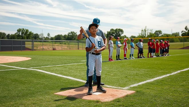 A youth baseball field with a well-maintained diamond and lush, green outfield. In the foreground, a young baseball player stands on a home plate, holding a bat with a determined expression. Behind them, a coach carefully measures the player's height and weight, using a portable measuring device. The midground features a line-up of players of varying ages and skill levels, each taking turns at bat or practicing their fielding. The background showcases a clear, sunny sky with wispy clouds, creating a warm, inspirational atmosphere. The lighting is natural, casting gentle shadows and highlights across the scene, emphasizing the progress and growth of the young players. A youth baseball field with a well-maintained diamond and lush, green outfield. In the foreground, a young baseball player stands on a home plate, holding a bat with a determined expression. Behind them, a coach carefully measures the player's height and weight, using a portable measuring device. The midground features a line-up of players of varying ages and skill levels, each taking turns at bat or practicing their fielding. The background showcases a clear, sunny sky with wispy clouds, creating a warm, inspirational atmosphere. The lighting is natural, casting gentle shadows and highlights across the scene, emphasizing the progress and growth of the young players.