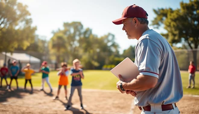 A youth baseball skill development scene focused on a diverse group of young players, aged 8-12, practicing in a sunlit baseball field. In the foreground, a coach with a clipboard demonstrates proper batting techniques, wearing a baseball cap and athletic gear. The middle ground features eager children in colorful jerseys practicing pitching and catching in an organized drill, showcasing joyful expressions and action. In the background, blurred trees frame the field while the sunlight casts warm hues, creating an inviting atmosphere. The scene captures a sense of teamwork and dedication, with clear blue skies above, adding to the energetic and positive mood. Shot with a shallow depth of field to emphasize the players and the coach while softly blurring the background.