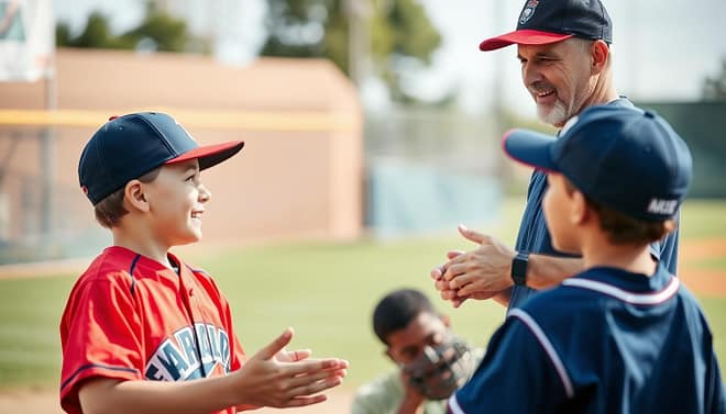 parent and youth baseball coach discussing strategy, engaged in animated conversation, with positive body language and open expressions, middle-ground focus, natural daylight, wide angle lens, shallow depth of field, warm and encouraging atmosphere